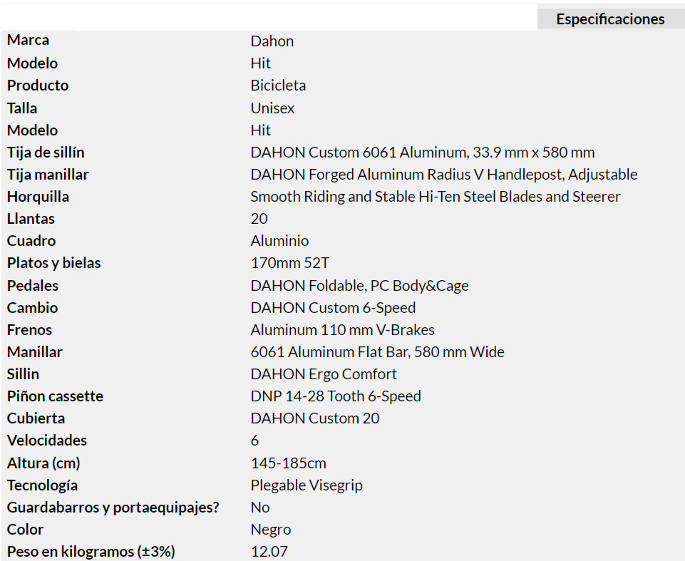 Especificaciones DAHON PLEGABLE HIT NAKED 20"